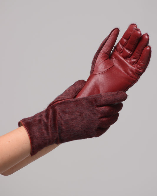 Дамски луксозни кожени ръкавици от агнешка кожа с косъм от пони Bordo